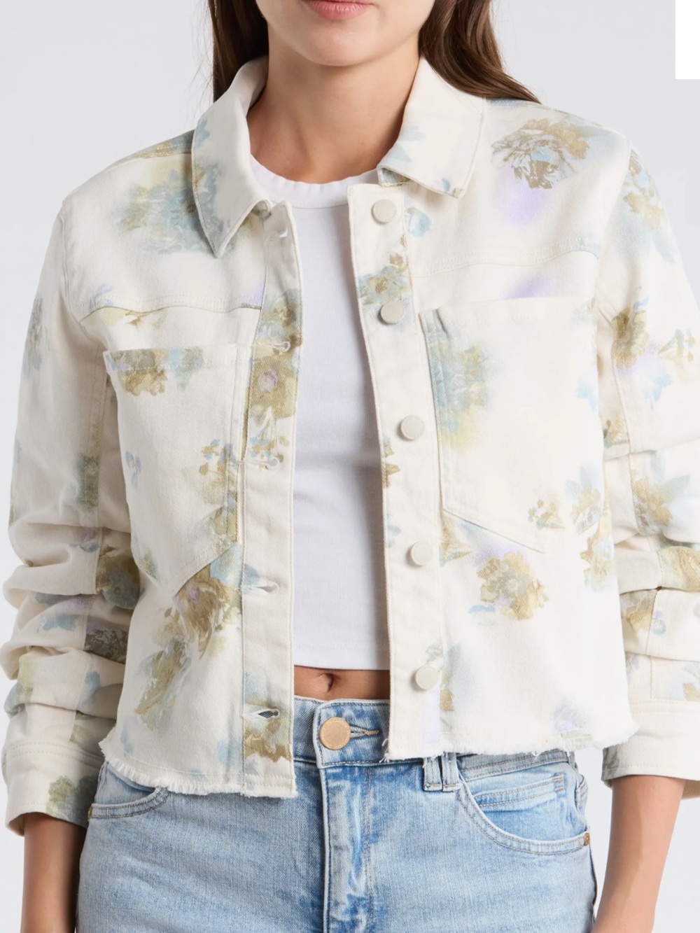 Democracy Cream Floral Cropped Jean Jacket